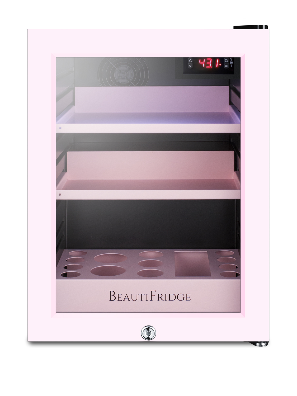 BeautiFridge compact cosmetics cooler with pink trimmed glass door, lock, matte blush pink shelves, and digital controls set for the storage of beauty products